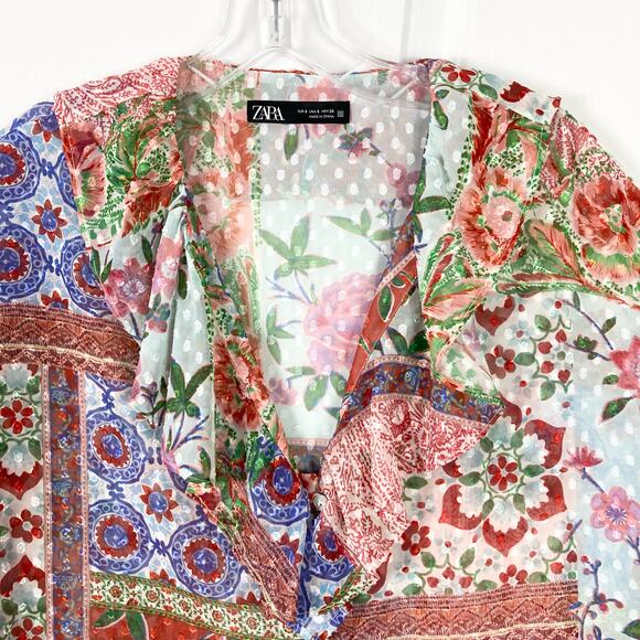 NWOT ZARA Top S Patchwork Jacquard Floral Print Chiffon Ruffle V Balloon-Long-Sl - Picture 6 of 12
